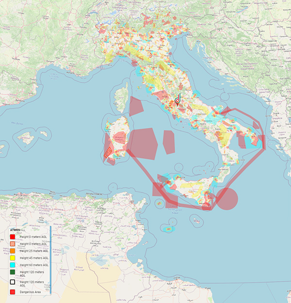 Italia mappa D-Flight zone rosse no-fly zone